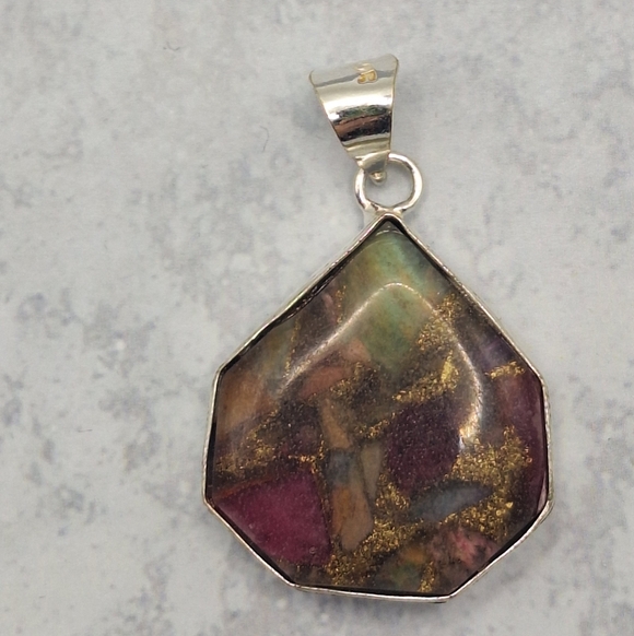 Jewelry - Watermelon Tourmaline Geometric Pendant 925 Silver Plated Handmade 1.42"